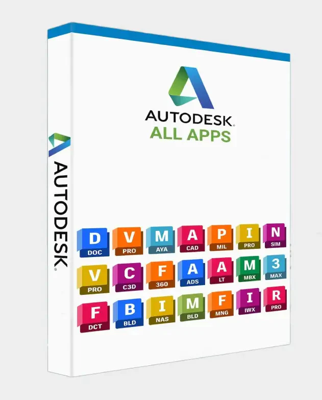 Caja de Autodesk ALL APPS con los iconos de los programas que incluye